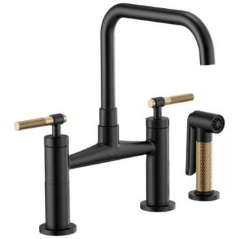 Brizo Litze®: Bridge Faucet with Square Spout and Knurled Handle In Matte Black / Luxe Gold