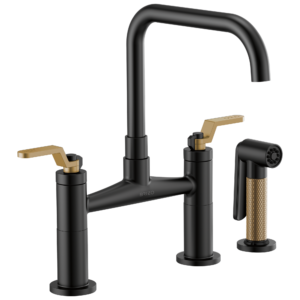 Brizo Litze®: Bridge Faucet with Square Spout and Industrial Handle In Matte Black / Luxe Gold