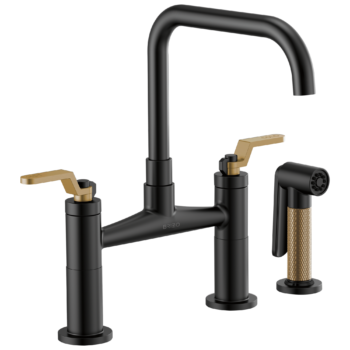 Brizo Litze®: Bridge Faucet with Square Spout and Industrial Handle In Matte Black / Luxe Gold
