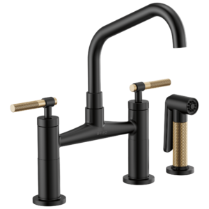 Brizo Litze®: Bridge Faucet with Angled Spout and Knurled Handle In Matte Black / Luxe Gold