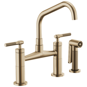 Brizo Litze®: Bridge Faucet with Angled Spout and Knurled Handle In Luxe Gold