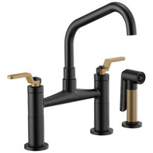 Brizo Litze®: Bridge Faucet with Angled Spout and Industrial Handle In Matte Black / Luxe Gold