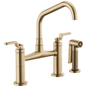 Brizo Litze®: Bridge Faucet with Angled Spout and Industrial Handle In Luxe Gold