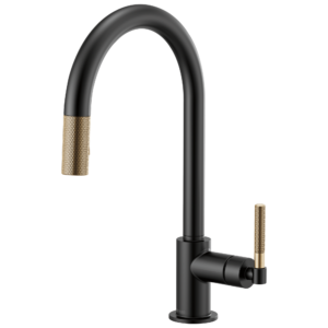 Brizo Litze®: Pull-Down Faucet with Arc Spout and Knurled Handle In Matte Black / Luxe Gold