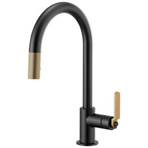 Brizo Litze®: Pull-Down Faucet with Arc Spout and Industrial Handle In Matte Black / Luxe Gold