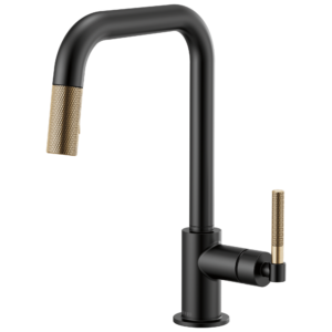 Brizo Litze®: Pull-Down Faucet with Square Spout and Knurled Handle In Matte Black / Luxe Gold