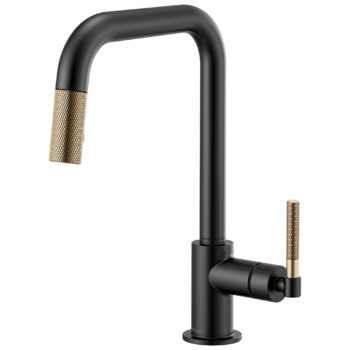 Brizo Litze®: Pull-Down Faucet with Square Spout and Knurled Handle In Matte Black / Luxe Gold