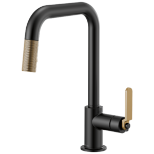Brizo Litze®: Pull-Down Faucet with Square Spout and Industrial Handle In Matte Black / Luxe Gold