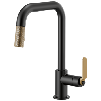 Brizo Litze®: Pull-Down Faucet with Square Spout and Industrial Handle In Matte Black / Luxe Gold