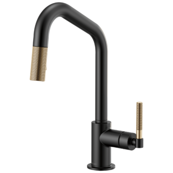 Brizo Litze®: Pull-Down Faucet with Angled Spout and Knurled Handle In Matte Black / Luxe Gold