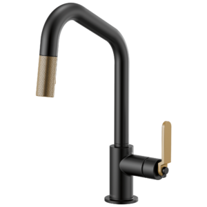 Brizo Litze®: Pull-Down Faucet with Angled Spout and Industrial Handle In Matte Black / Luxe Gold