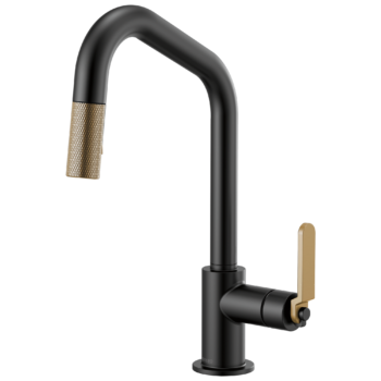 Brizo Litze®: Pull-Down Faucet with Angled Spout and Industrial Handle In Matte Black / Luxe Gold