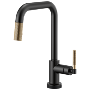 Brizo Litze®: SmartTouch® Pull-Down Kitchen Faucet with Square Spout and Knurled Handle In Matte Black / Luxe Gold