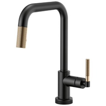 Brizo Litze®: SmartTouch® Pull-Down Kitchen Faucet with Square Spout and Knurled Handle In Matte Black / Luxe Gold