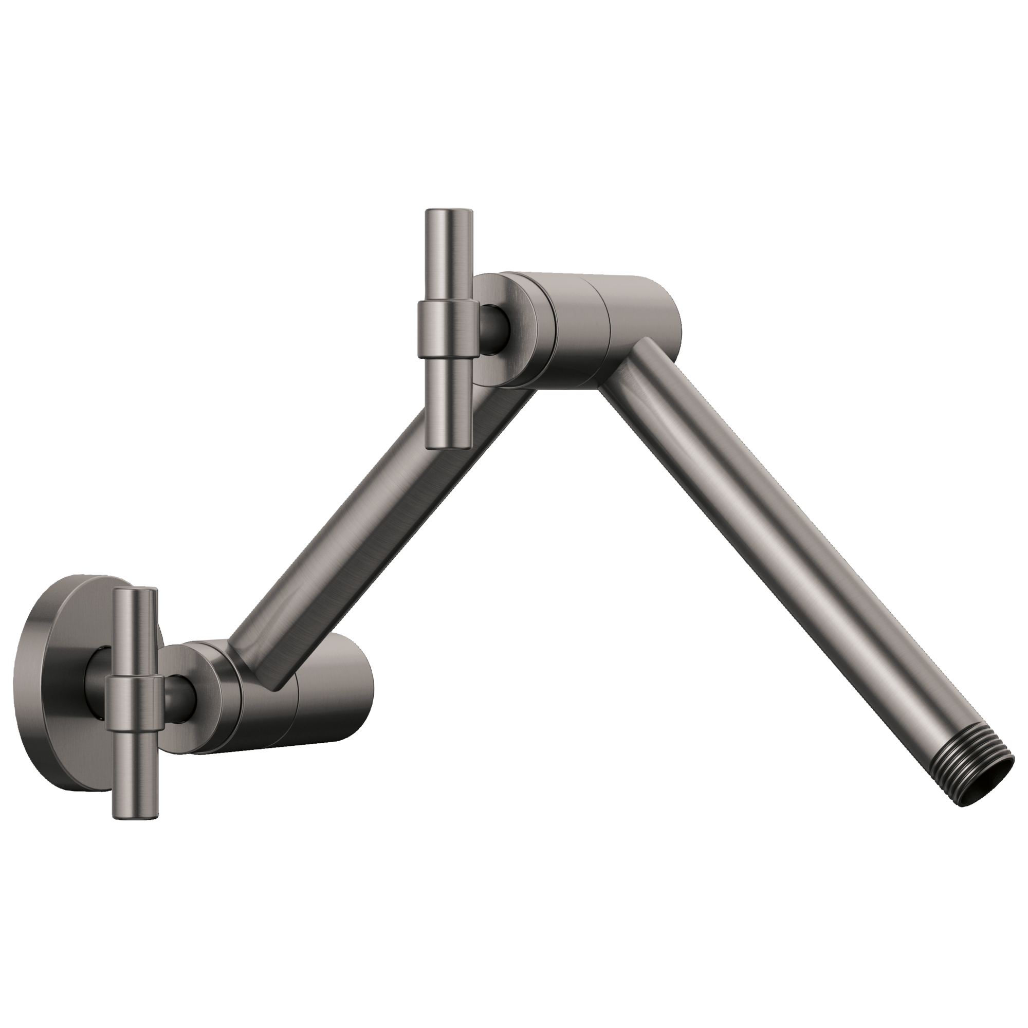 Brizo Essential™ Shower: Linear Round Jointed Wall Mount Shower Arm And Flange In Luxe Steel