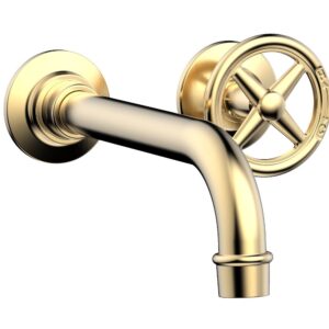Phylrich WORKS Single Handle Wall Lavatory Set – Cross Handles 220-15 – Satin Brass