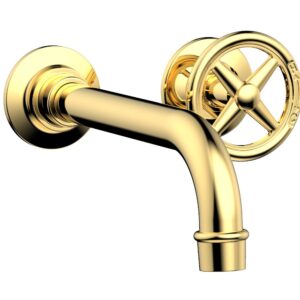 Phylrich WORKS Single Handle Wall Lavatory Set – Cross Handles 220-15 – Polished Gold
