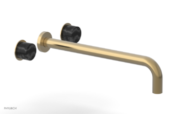 Phylrich Basic II 14"  Wall Lavatory Set - Black Marble Handles 230-13-14 - Satin Brass