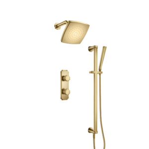 Flusso Two Output Shower Set With Shower Head, Hand Held And Slide Bar In Satin Brass