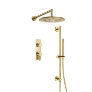 Flusso Two Output Shower Set With Shower Head, Hand Held And Slide Bar In Satin Brass