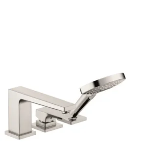 Hansgrohe Metropol 3-Hole Roman Tub Set Trim with Lever Handle and 1.75 GPM Handshower in Brushed Nickel