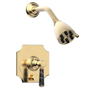 Phylrich HENRI Pressure Balance Shower and Diverter Set – Black Marble Handle (Less Spout) 4-163 – Satin Brass