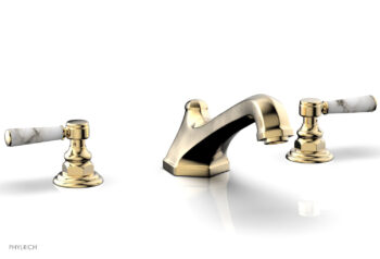 Phylrich HEX TRADITIONAL Deck Tub Set - White Marble Lever Handles 500-42 - Satin Brass