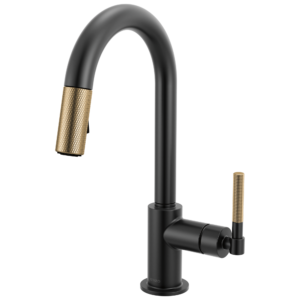 Brizo Litze®: Pull-Down Prep Faucet with Arc Spout – Knurled Handle In Matte Black / Luxe Gold