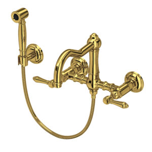 ROHL Acqui® Wall Mount Bridge Kitchen Faucet With Sidespray And Column Spout In Unlacquered Brass