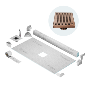 QM Center Shower Pan Kit 32″ x 63″ with 4″ Delta Square Drain in Bronze