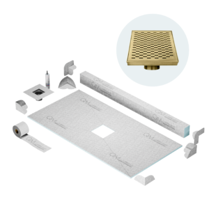 QM Center Shower Pan Kit 32″ x 63″ with 4″ Delta Square Drain in Gold
