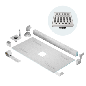 QM Center Shower Pan Kit 32″ x 63″ with 4″ Delta Square Drain in Polished