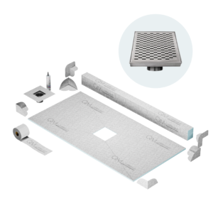 QM Center Shower Pan Kit 32″ x 63″ with 4″ Delta Square Drain in Satin