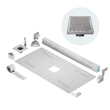 QM Center Shower Pan Kit 32" x 63" with 4" Delta Square Drain in Satin