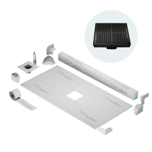 QM Center Shower Pan Kit 32″ x 63″ with 4″ Kai Square Drain in Black
