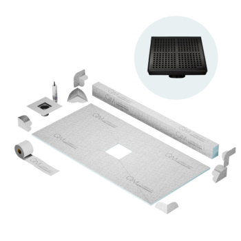 QM Center Shower Pan Kit 32" x 63" with 4" Kai Square Drain in Black