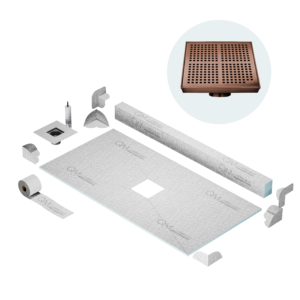 QM Center Shower Pan Kit 32″ x 63″ with 4″ Kai Square Drain in Bronze