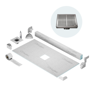 QM Center Shower Pan Kit 32″ x 63″ with 4″ Kai Square Drain in Satin