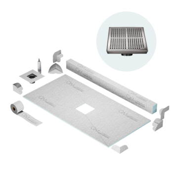 QM Center Shower Pan Kit 32" x 63" with 4" Kai Square Drain in Satin