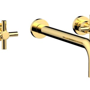 Phylrich BASIC Wall Lavatory Set 12″ Spout – Tubular Cross Handles DWL134-12 – Polished Gold