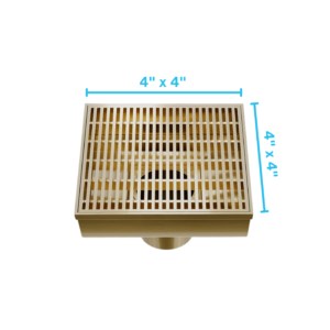 QM Delmar Series. Wedgewire Line. 4″ Square Drain. Gold Finish