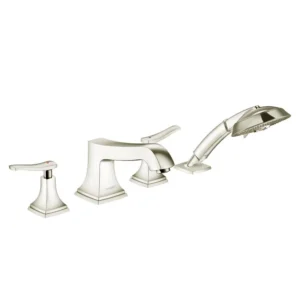 Hansgrohe Metropol Classic 4-Hole Roman Tub Set Trim with Cross Handles and 1.8 GPM Handshower in Brushed Nickel