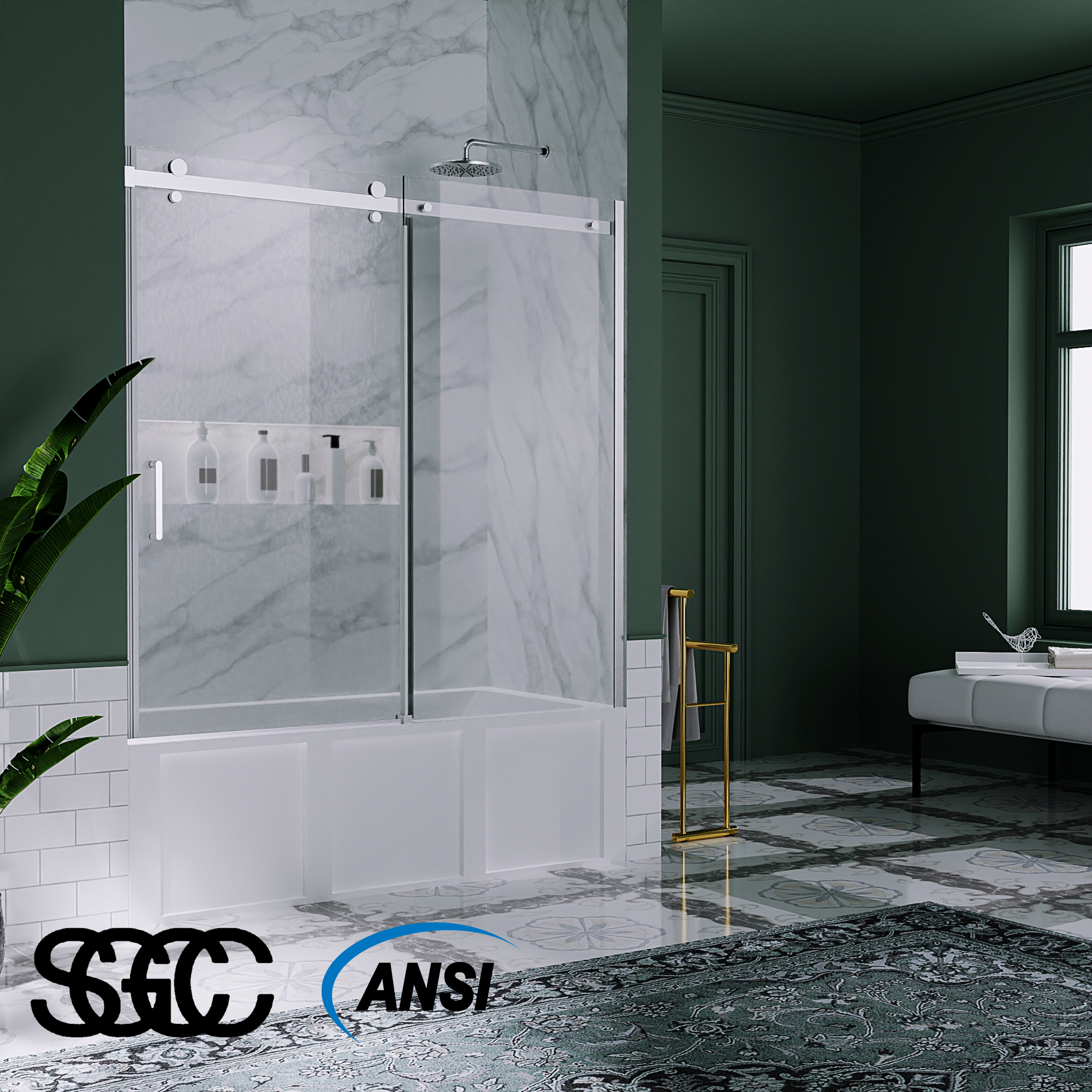 Ex 58-60" W x 58" H Sliding Semi Frameless Tub Door in Chrome with Clear Glass