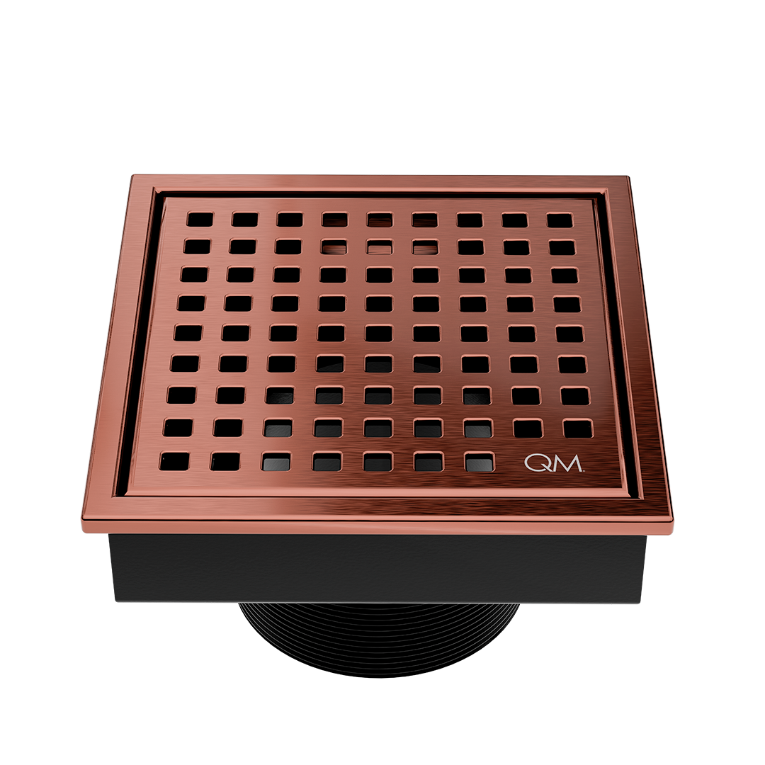 QM Lagos Series. Mira Line. 4" Square Drain. Bronze