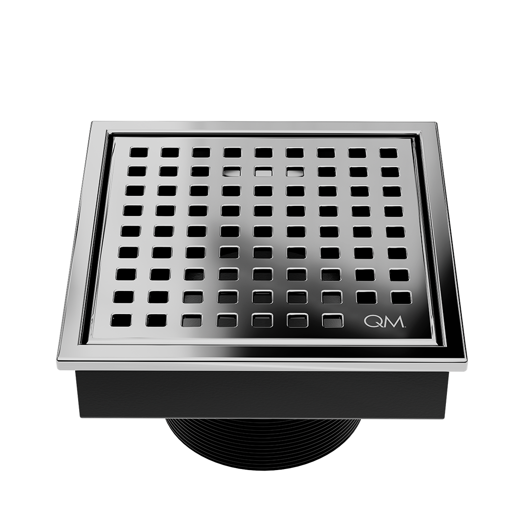 QM Lagos Series. Mira Line. 4" Square Drain. Polished fin.