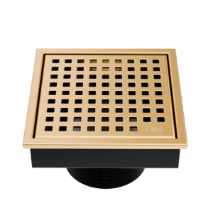 QM Lagos Series. Mira Line. 4″ Square Drain. Gold