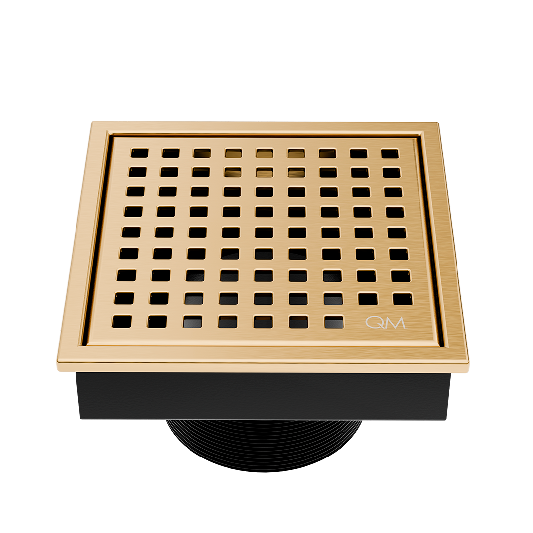 QM Lagos Series. Mira Line. 4" Square Drain. Gold