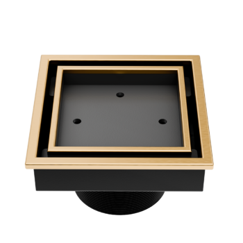 QM Lagos Series. Veil Line. 4" Square Drain. Gold