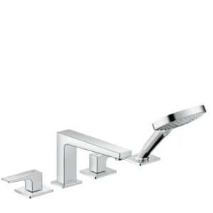 Hansgrohe Metropol 4-Hole Roman Tub Set Trim with Lever Handles and 1.75 GPM Handshower in Brushed Black Chrome