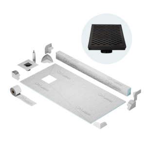 QM Off-Center Shower Pan Kit 32″ x 63″ with 4″ Delta Square Drain in Black